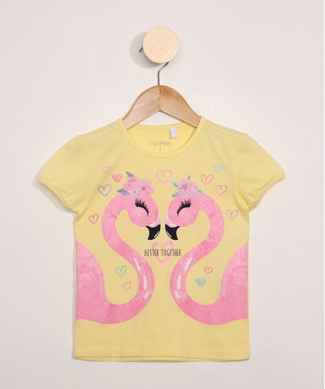 Blusa-Infantil-Manga-Curta-Flamingos-com-Glitter-Amarelo-9976454-Amarelo_1