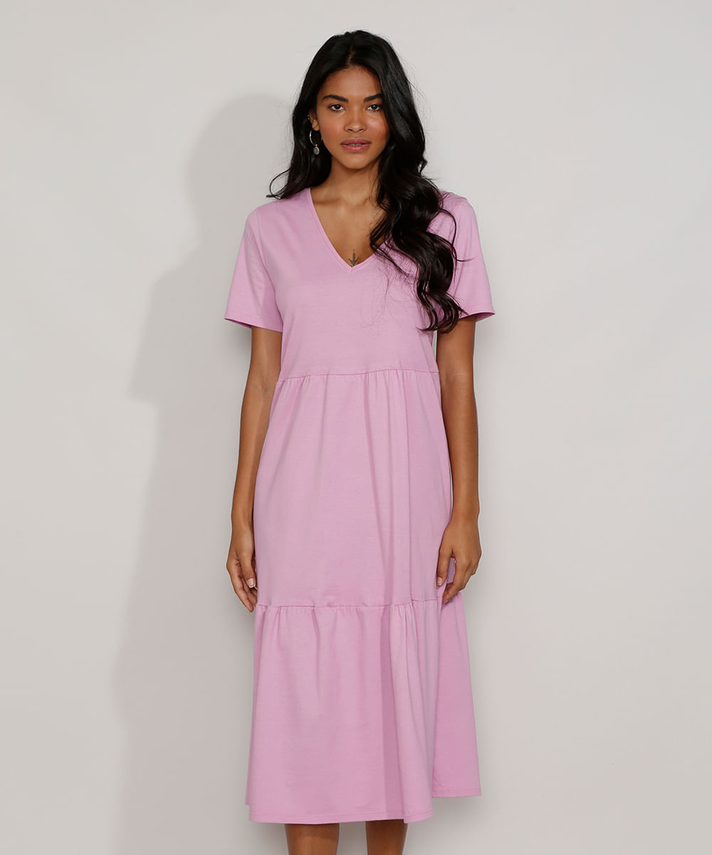 Vestido Midi de Algodão com Recortes Manga Curta Lilás