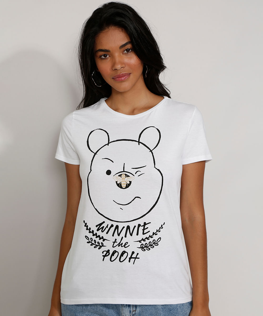 Camiseta Feminina Manga Curta Ursinho Pooh Decote Redondo Off White