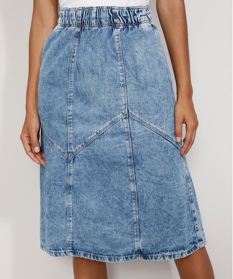 Saia Jeans Midi Marmorizada com Recortes