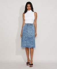 Saia Jeans Midi Marmorizada com Recortes