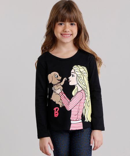 Blusa-Infantil-Barbie-com-Glitter-Manga-Longa-Decote-Redondo-em-Algodao---Sustentavel-Preta-9043909-Preto_1