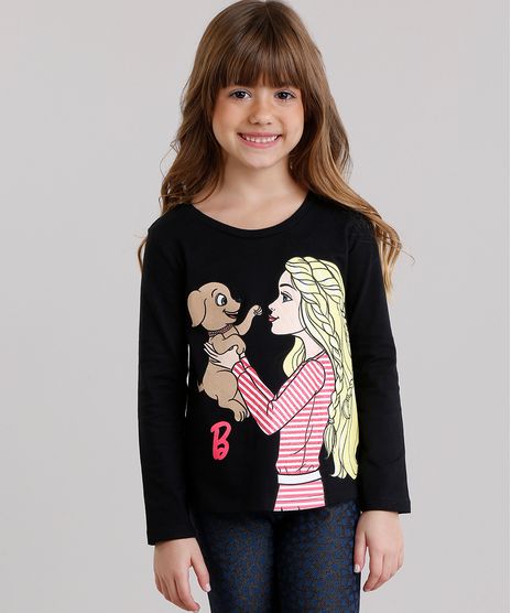 Blusa-Infantil-Barbie-com-Glitter-Manga-Longa-Decote-Redondo-em-Algodao---Sustentavel-Preta-9043909-Preto_1