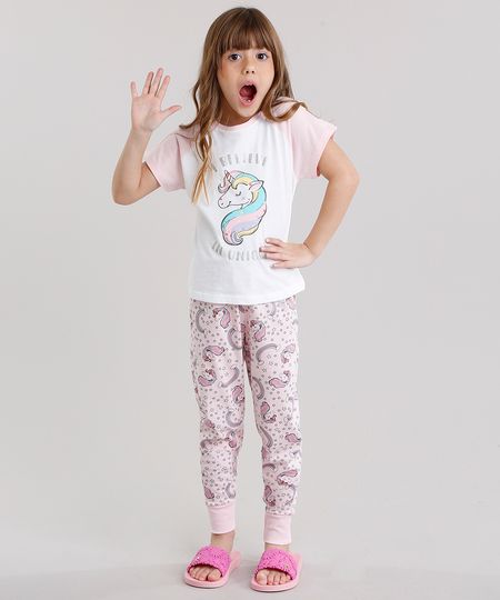 Pijama-Infantil-Raglan-com-Estampa-de-Unicornio-Manga-Curta-Gola-Redonda-em-Algodao---Sustentavel-Rosa-Claro-9133043-Rosa_Claro_1