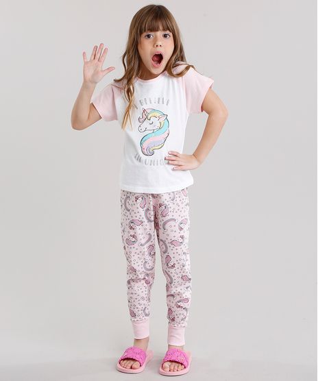 Pijama-Infantil-Raglan-com-Estampa-de-Unicornio-Manga-Curta-Gola-Redonda-em-Algodao---Sustentavel-Rosa-Claro-9133043-Rosa_Claro_1