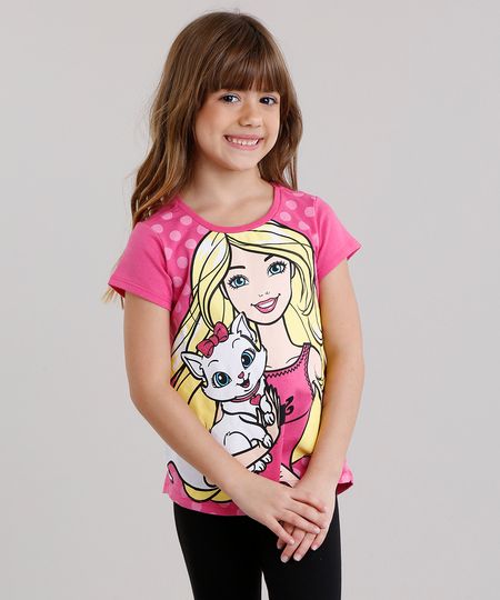Blusa-Infantil-Barbie-com-Glitter-Manga-Curta-Decote-Redondo-em-Algodao---Sustentavel-Pink-9137509-Pink_1