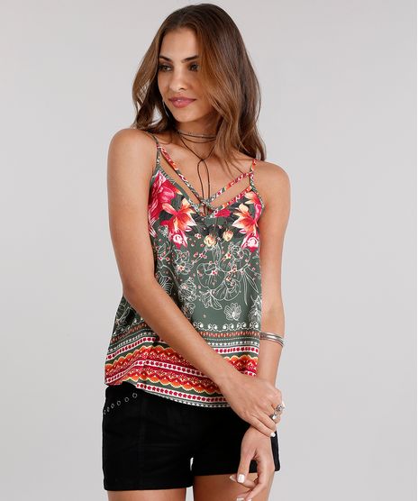 Regata-Feminina-com-Tiras-Estampada-Floral-com-Alca-Fina-Verde-Militar-8900292-Verde_Militar_1