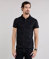 Polo-Masculina-Slim-Fit-Estampada-Floral-Manga-Curta-em-Algodao---Sustentavel-Preta-8959716-Preto_1