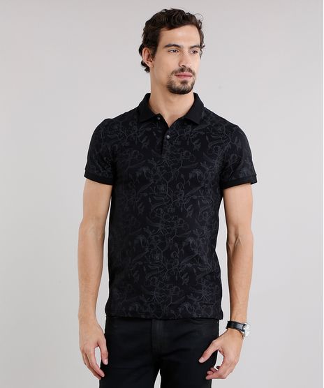 Polo-Masculina-Slim-Fit-Estampada-Floral-Manga-Curta-em-Algodao---Sustentavel-Preta-8959716-Preto_1