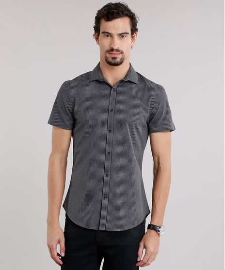 Camisa-Masculina-Slim-Xadrez-Manga-Curta-Preta-8856251-Preto_1