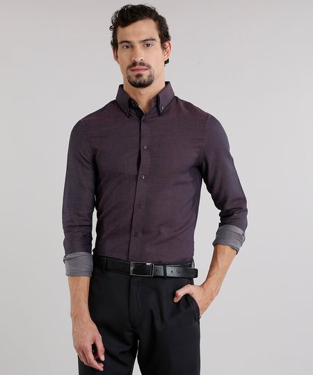 Camisa-Masculina-Slim-Estampada-de-Poa-com-Bolso-Manga-Longa-Vinho-8858209-Vinho_1