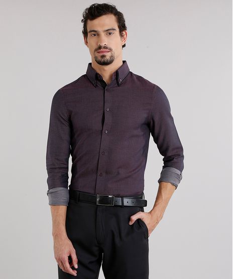 Camisa-Masculina-Slim-Estampada-de-Poa-com-Bolso-Manga-Longa-Vinho-8858209-Vinho_1