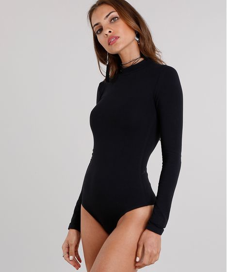 Body Feminino Gola Alta Basico Manga Longa Preto Cea