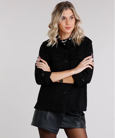 Jaqueta-Feminina-Militar-com-Bordado-Floral-em-Sarja-com-Bolsos-Preta-8858864-Preto_1