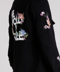 Jaqueta-Feminina-Militar-com-Bordado-Floral-em-Sarja-com-Bolsos-Preta-8858864-Preto_4