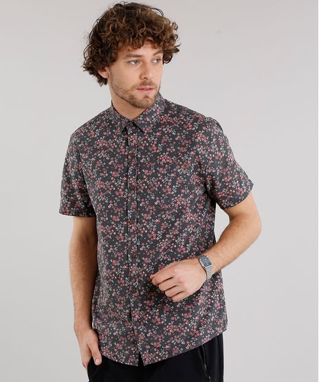 Camisa-Masculina-Estampada-Floral-com-Bolso-Manga-Curta-Preta-9101652-Preto_1