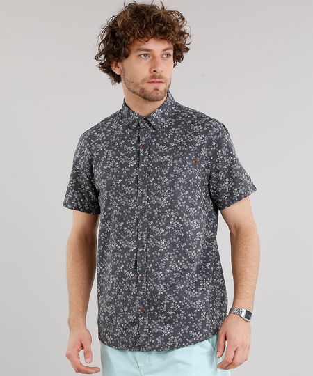 Camisa-Masculina-Estampada-Floral-com-Bolso-Manga-Curta-Chumbo-9101652-Chumbo_1