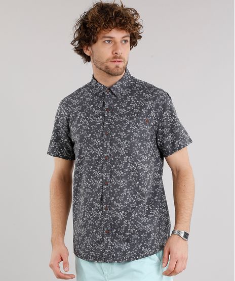 Camisa-Masculina-Estampada-Floral-com-Bolso-Manga-Curta-Chumbo-9101652-Chumbo_1