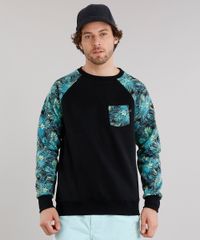 Blusao-Masculino-Raglan-com-Estampa-de-Folhagem-em-Moletom-com-Bolso-Preto-8842294-Preto_1