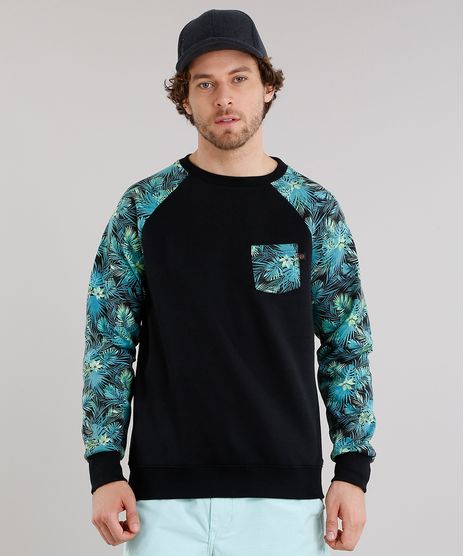 Blusao-Masculino-Raglan-com-Estampa-de-Folhagem-em-Moletom-com-Bolso-Preto-8842294-Preto_1
