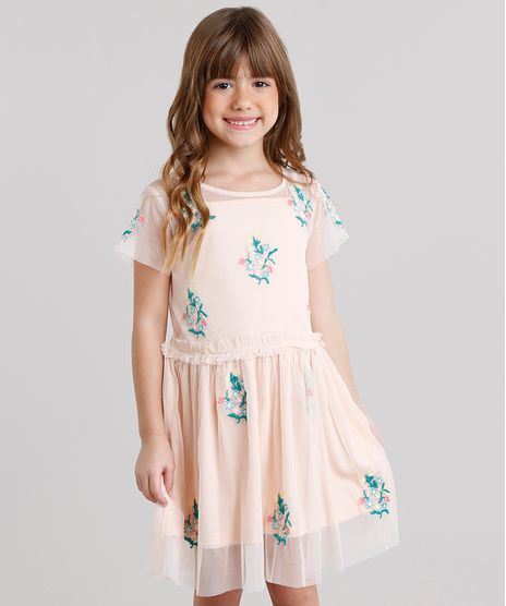 Vestido-Infantil-em-Tule-Bordado-Floral-Manga-Curta-Decote-Redondo-Rose-8690745-Rose_1