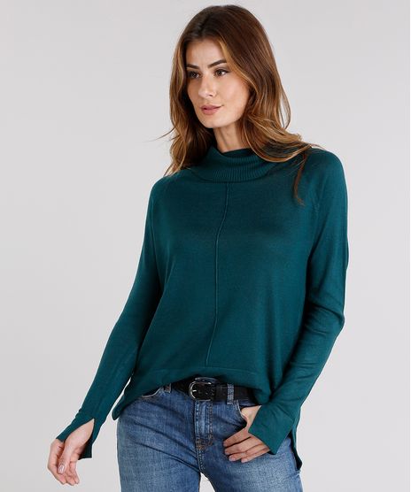 Sueter-Feminino-Gola-Alta-com-Fendas-Manga-Longa-Verde-Escuro-8881680-Verde_Escuro_1