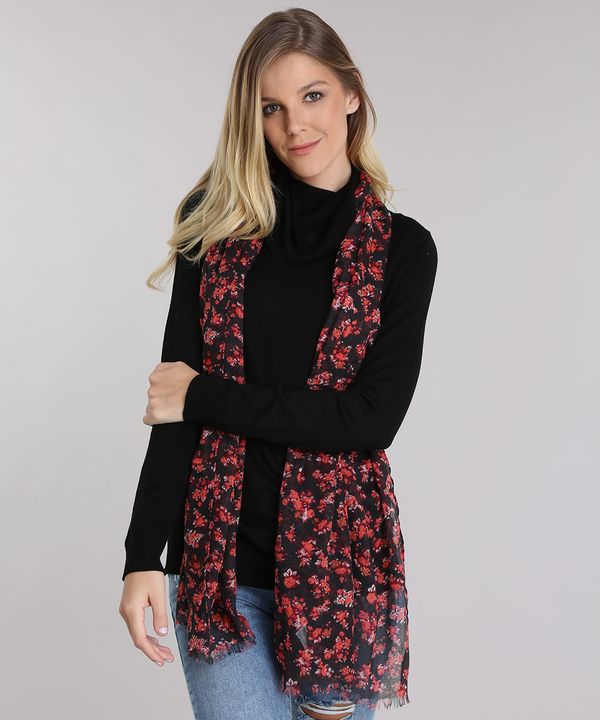 Cachecol Estampado Floral Preto Único
