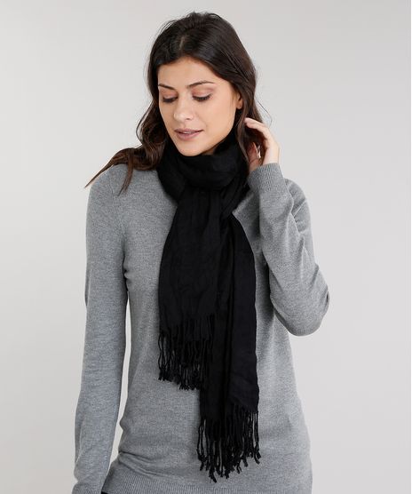 Cachecol-Feminino-Basico-Amplo-com-Franjas-Preto-8754561-Preto_1