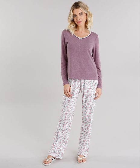 Pijama-Feminino-com-Estampa-Floral-Manga-Longa-Vinho-9134571-Vinho_1