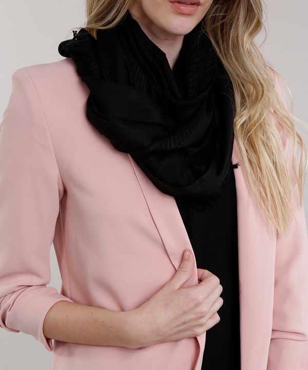 Cachecol Feminino com Vazados e Franjas Preto Único