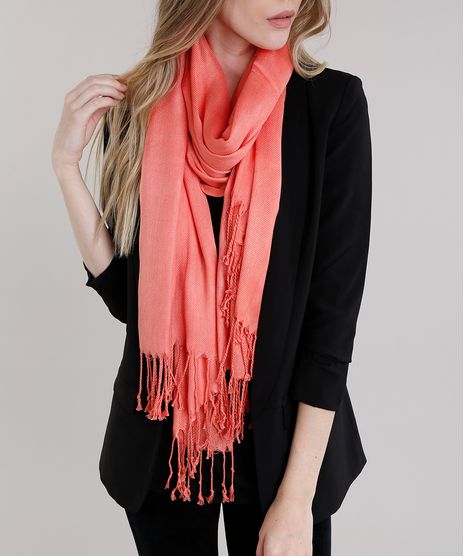 Cachecol-Feminino-Basico-Amplo-com-Franjas-Coral-8754561-Coral_1
