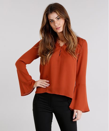 Blusa-Feminina-Decote-V-com-Botoes-Manga-Sino-Longa--Laranja-Escuro-9007142-Laranja_Escuro_1