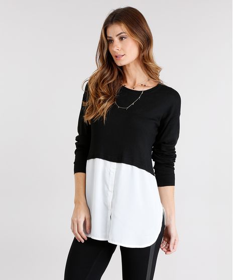 Sueter-Feminino-com-Sobreposicao-de-Camisa-em-Trico-Manga-Longa-Decote-Redondo-Preto-8926740-Preto_1