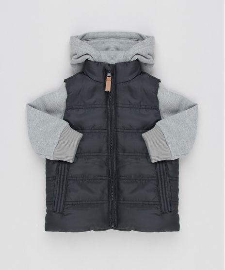 Blusao-Infantil-em-Moletom-com-Capuz-Cinza-Mescla---Colete-Puffer-Preto-8450337-Preto_1