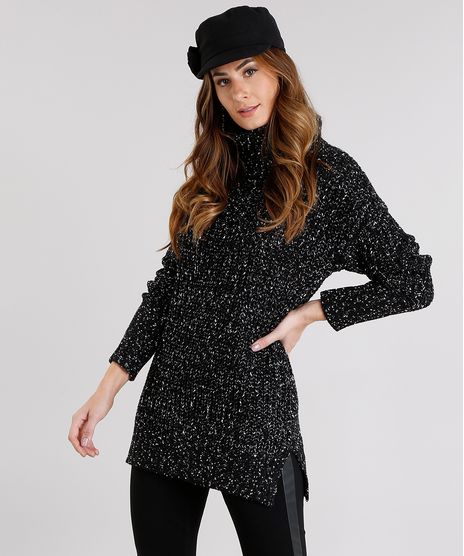 Sueter-Feminino-Longo-Gola-Alta-com-Lurex-e-Fios-Mesclados-em-Trico-Preto-8880797-Preto_1