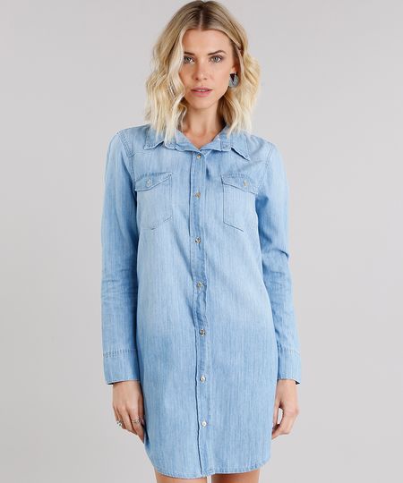 Vestido-Jeans-Feminino-Chemise-com-Bolsos-Manga-Longa-Azul-Claro-9148106-Azul_Claro_1 Vestido-Jeans-Feminino-Chemise-com-Bolsos-Manga-Longa-Azul-Claro-9148106-Azul_Claro_1