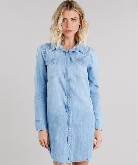 Vestido-Jeans-Feminino-Chemise-com-Bolsos-Manga-Longa-Azul-Claro-9148106-Azul_Claro_1