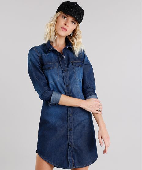 Vestido-Jeans-Feminino-Chemise-com-Bolsos-Manga-Longa-Azul-Escuro-9148105-Azul_Escuro_1