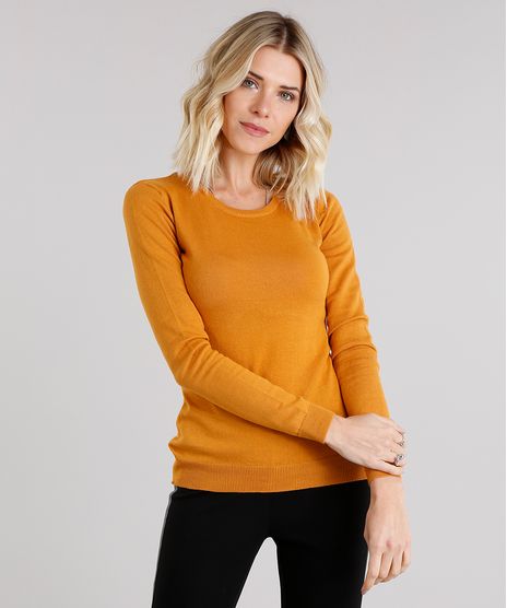Sueter-Feminino-Basico-em-Trico-Manga-Longa-Decote-Redondo-Amarelo-Escuro-8840449-Amarelo_Escuro_1