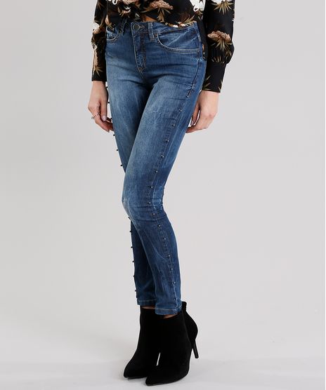 Calca-Jeans-Feminina-Super-Skinny-com-Tachas-Cintura-Alta-Azul-Escuro-9191320-Azul_Escuro_1