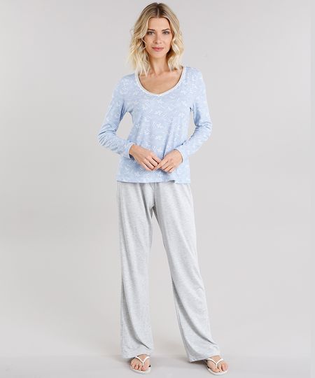 Pijama-Feminino-com-Estampa-Floral-Manga-Longa-Azul-Claro-9119110-Azul_Claro_1