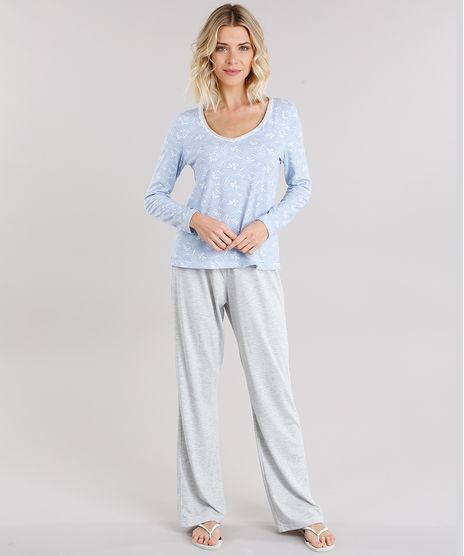 Pijama-Feminino-com-Estampa-Floral-Manga-Longa-Azul-Claro-9119110-Azul_Claro_1