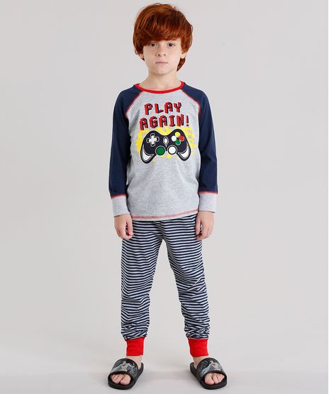 Pijama-infantil-Raglan--Play-Again---com-Estampa-Listrada-Manga-Longa-Cinza-Mescla-9133147-Cinza_Mescla_1