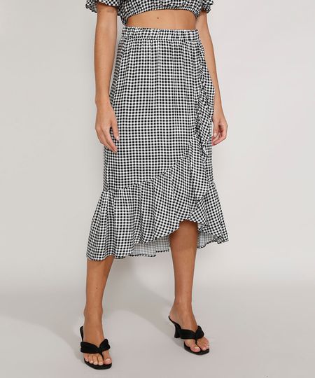 Saia-Feminina-Midi-Transpassada-Estampada-Xadrez-Vichy-com-Babado-Preta-9981693-Preto_1