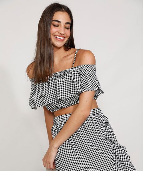 Blusa-Feminina-Manga-Curta-Cropped-Open-Shoulder-Estampada-Xadrez-Vichy-Decote-Reto-Preta-9982007-Preto_1