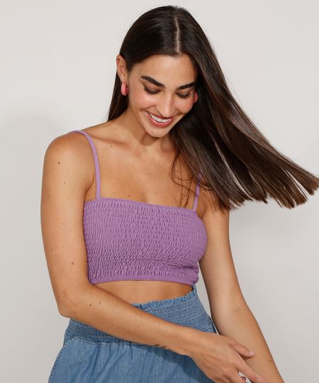 Top Cropped Feminino com Lastex Alça Fina Decote Reto Lilás - GG Menor preço em Top Cropped Feminino com Lastex Alça Fina Decote Reto Lilás - GG
