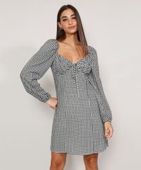 Vestido-Feminino-Curto-Estampado-Xadrez-Vichy-com-Laco-Manga-Bufante-Preto-9982448-Preto_1