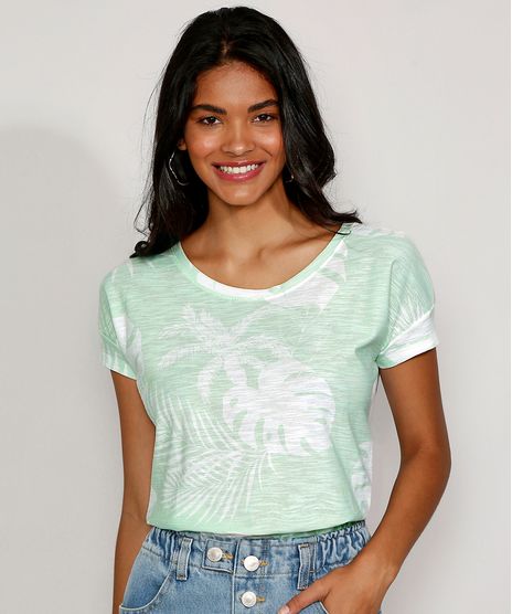 Camiseta-Feminina-Manga-Curta-Estampada-de-Folhagem-Decote-Redondo-Verde-Agua-9974813-Verde_Agua_1