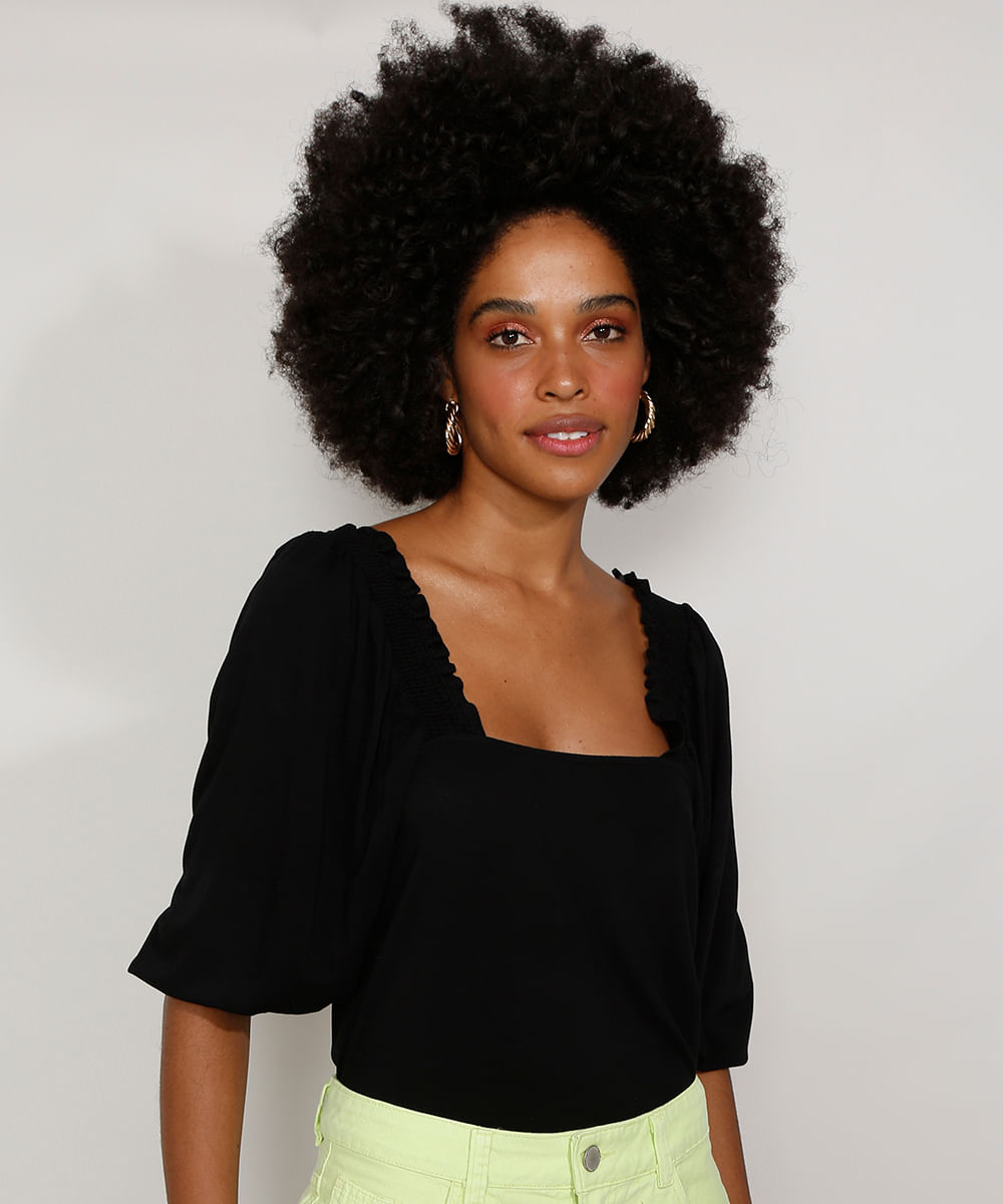 Blusa Feminina Manga Bufante Decote Reto Preta