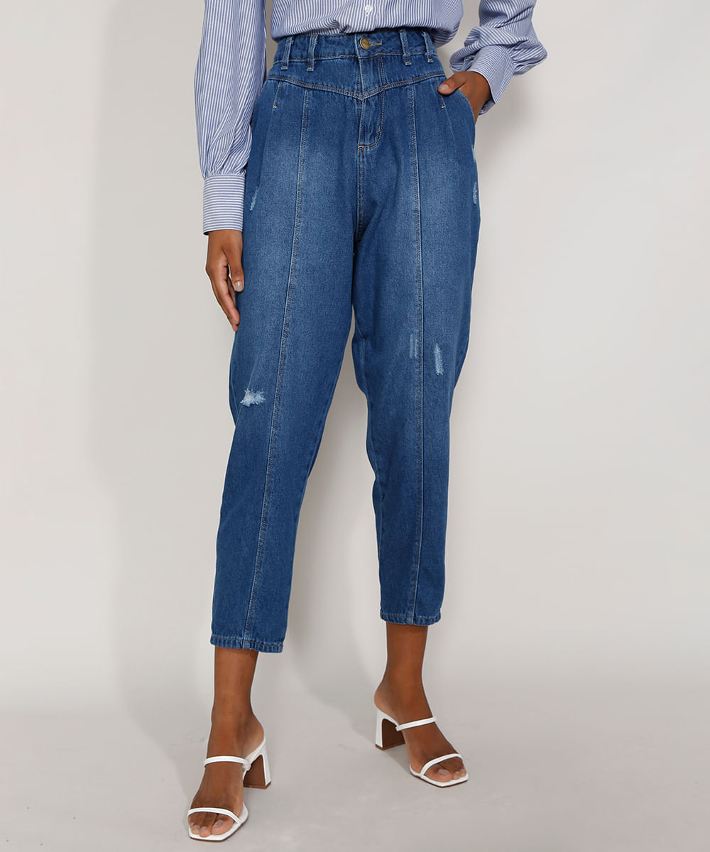 Calça Jeans Feminina Cintura Alta Sawary Baggy com Recortes e Puídos Azul Médio